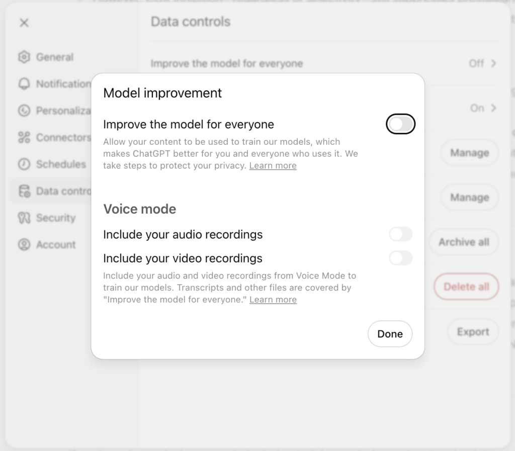 Keep Sensitive Data Private - Disable AI Training Options