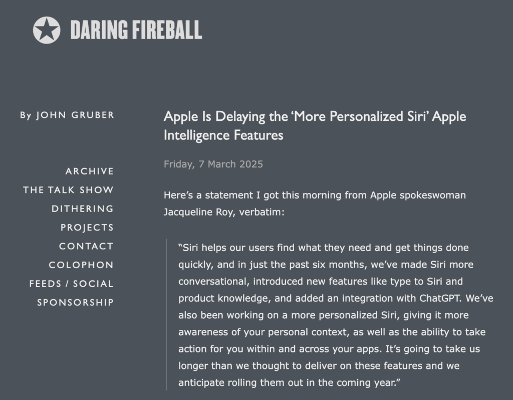 Apple Says More Personalized Siri Will Be Delayed